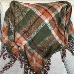Altar’d State plaid fringe burgundy orange green 80”w 48”  25”L blanket scarf